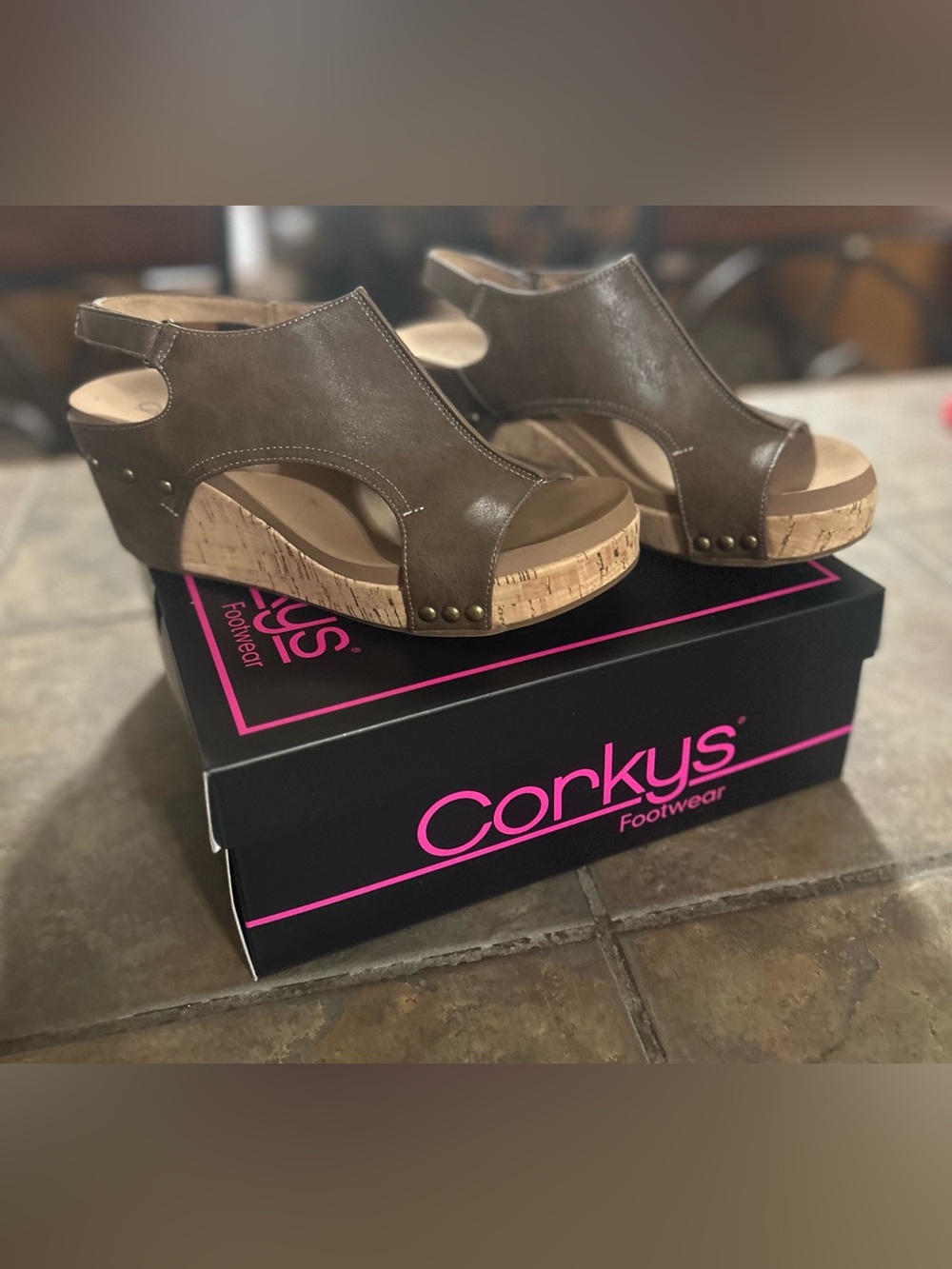 Corkys Carley Chestnut Open-Toe Cork Wedge Sandals - Picture 4 of 5